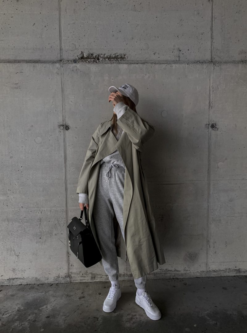 katarinavidd, mango oversized coat, sage trench coat, mango trench coat, green trench coat, sweatpants and coat style outfit, joggers outfit