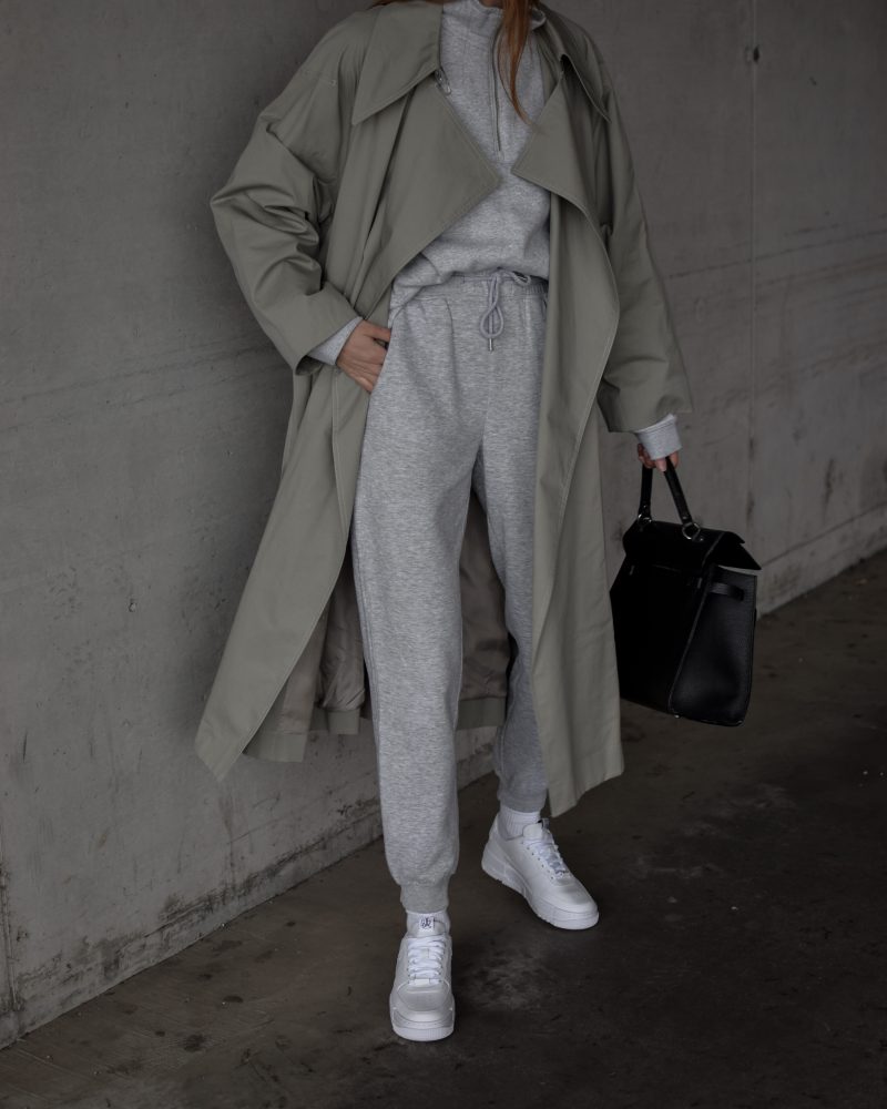 katarinavidd, mango oversized trench coat, sage trench coat, mango trench coat, green trench coat, sweatpants and coat style outfit, joggers outfit