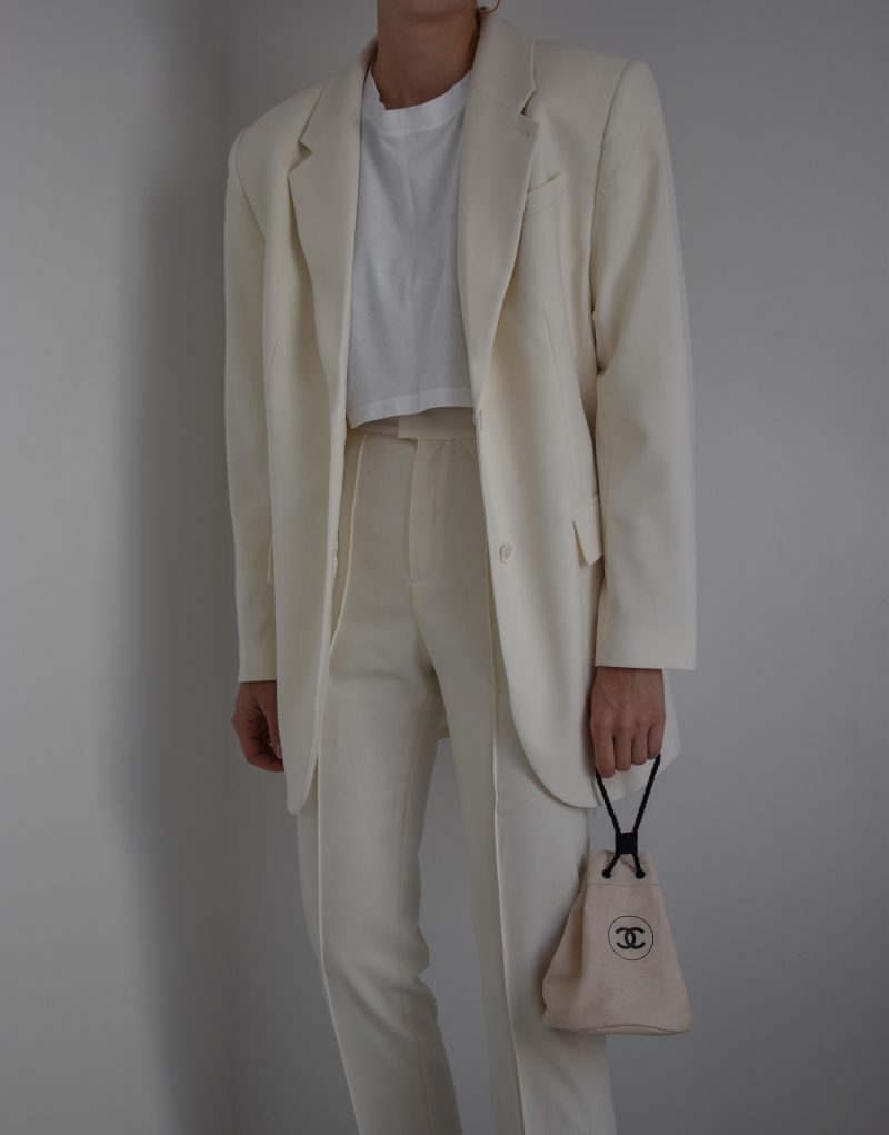 L'ACADEMIE dylan suit, nude suit for women, oversized blazer, chanel bag outfit