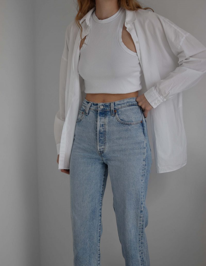 denim and shirt outfit, katarinavidd instagram outfit, levi's ribcage jeans