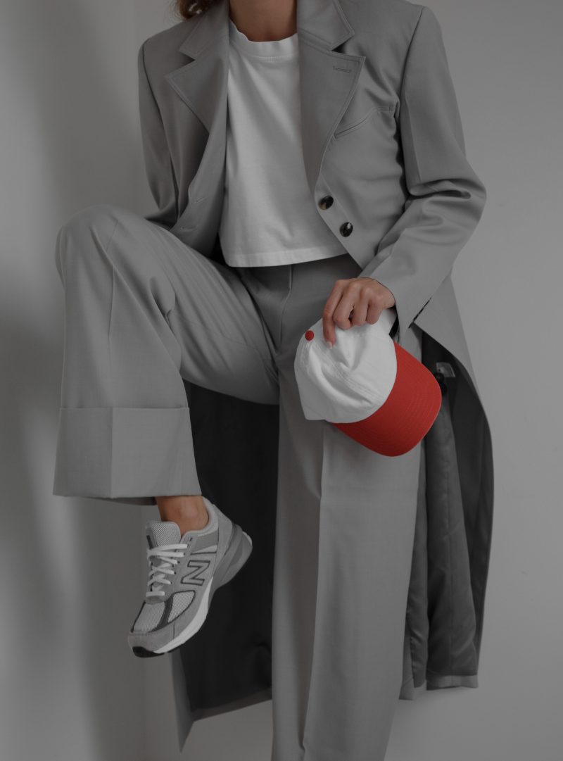 retro red fashion cap, how to wear grey suit with sneakers